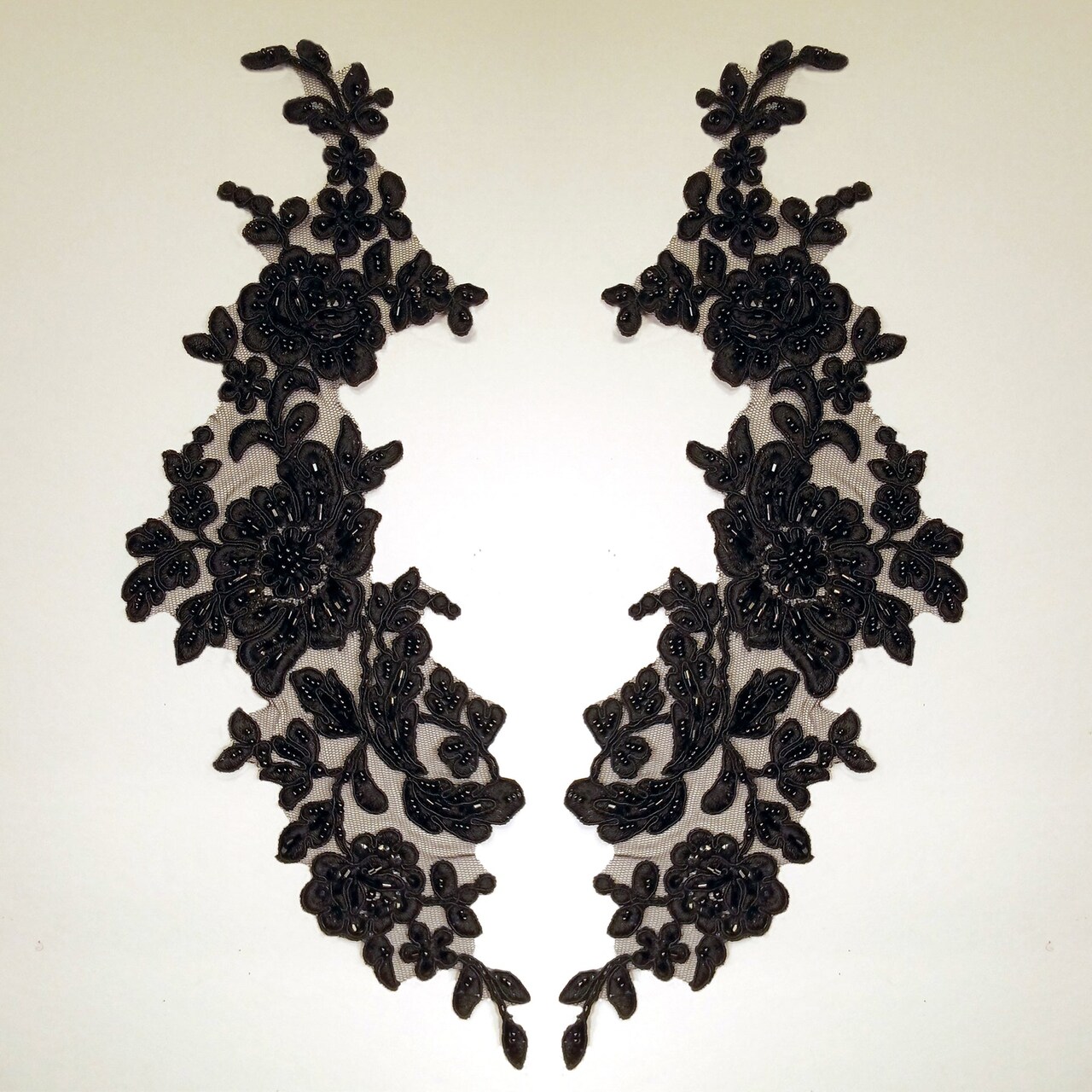 1 Pair Beaded & Corded Floral Lace Applique on 100% Polyester Net Mesh 13" x 3" Each Side